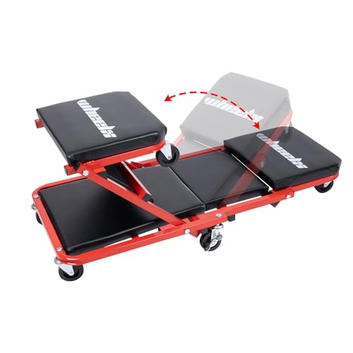Mechanic Creeper 36 Inches 2-in-1 Z Seat with Brake, 340 lbs Capacity, Foldable Garage Chair Adjustable Rolling Folding with 6 pcs Wheels Roller, Lay Down or Sit Under Car Auto Repair Red Black - color: Red & Black