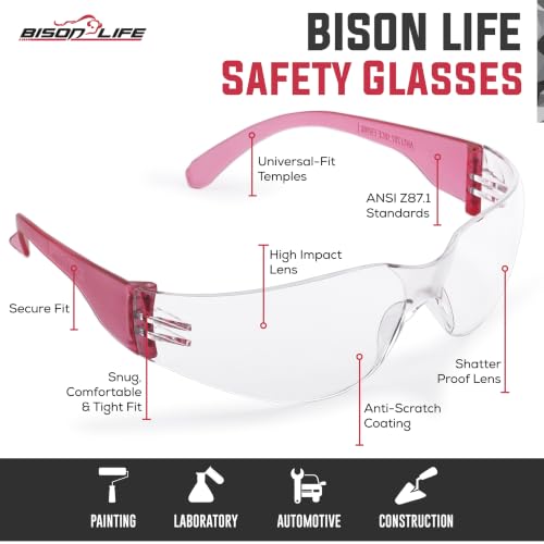 BISON LIFE Clear Safety Glasses – ANSI Z87.1 Certified Scratch & Impact Resistant Eye Protection Goggles for Men & Women - color: Clear/Pink