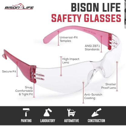BISON LIFE Clear Safety Glasses – ANSI Z87.1 Certified Scratch & Impact Resistant Eye Protection Goggles for Men & Women - color: Clear/Pink