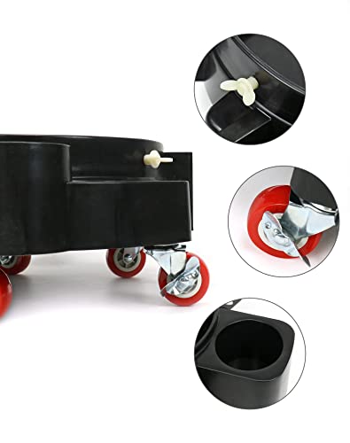 QWORK Bucket Dolly, Detailing Cart for 5 Gallon Car Wash Bucket, Rolling Bucket Dolly with 5 Rolling Swivel Casters and Compartments, for Car Washing Detailing System