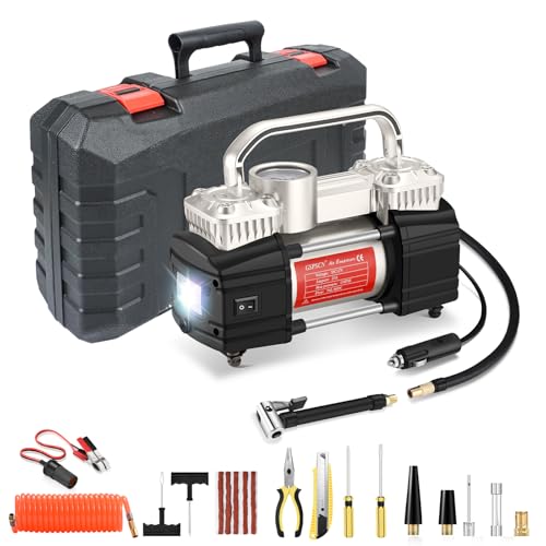 GSPSCN Heavy Duty Tire Inflator 12V Portable Toolbox Air Compressor Pump | with Tire Repair Kit,6X Faster Inflation Dual Cylinder Air Pump LED Light for Cars,SUV,Truck,Pickup,Balls,RV,Van,Camper