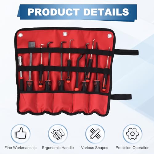 11Pcs Hook and Pick, Straight Head Magnetic Pickup Tool Large Small Hook Short Pry Bar Gasket Scraper for Remove Hoses Gaskets Car Panel Fastener, Red - color: Red