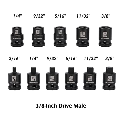 MIXPOWER 11 Pieces 3/8-inch Drive Pipe Plug Socket Set, SAE, CR-MO, Tapered Male Square Drive, Chamfered Female Square Drive