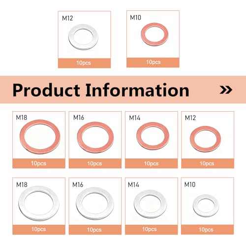 100 PCS Car Oil Drain Plug Crush Washer Kit, M10 M12 M14 M16 M18 Aluminum Copper Mixed Multi-Size Engine Oil Pan Sealing Gasket, Universal for Car SUV Truck (Silver & Gold)