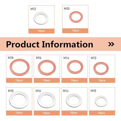 100 PCS Car Oil Drain Plug Crush Washer Kit, M10 M12 M14 M16 M18 Aluminum Copper Mixed Multi-Size Engine Oil Pan Sealing Gasket, Universal for Car SUV Truck (Silver & Gold)