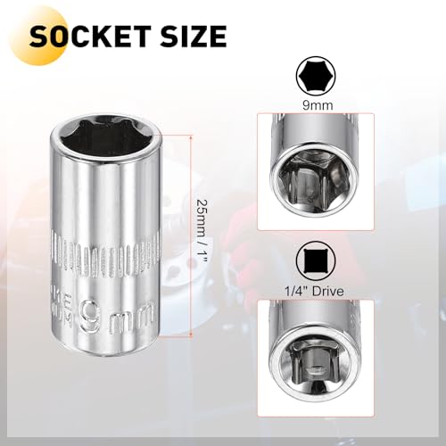 HARFINGTON Deep 6-Point Impact Socket 1/4" Drive 9mm Metric Socket 25mm (1") Long with 1/4" Hex Shank Adapter, CR-V Steel Socket Adapter Accessory Tool Set Kit for Hex Bolts Nuts - size: 9mm x 25mm