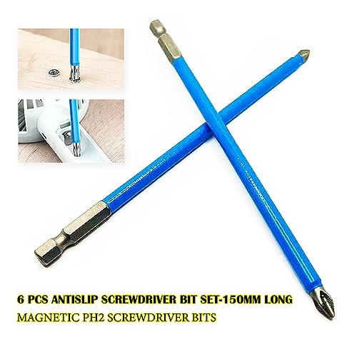 Impact Bit Set, 6pcs Magnetic Ph2 Phillips Long Screwdriver Bits with 1/4 inch Hex Shank-150mm (6 inch) Long for Narrow Space - color: Ph2-150mm(6 Pcs)
