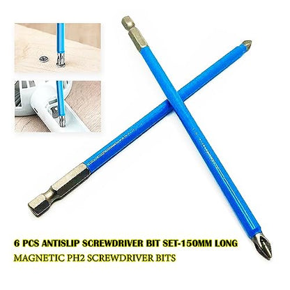 Impact Bit Set, 6pcs Magnetic Ph2 Phillips Long Screwdriver Bits with 1/4 inch Hex Shank-150mm (6 inch) Long for Narrow Space - color: Ph2-150mm(6 Pcs)