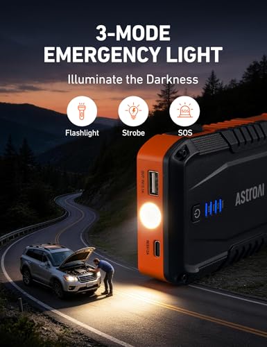 AstroAI S8 Car Battery Jump Starter 1500A – Portable 12V Lithium Jump Box with 3 Mode Flashlight, Power Bank & Smart Jumper Cables - for 6.0L Gas and 3.0L Diesel Engines - color: Orange - 1500A (S8)