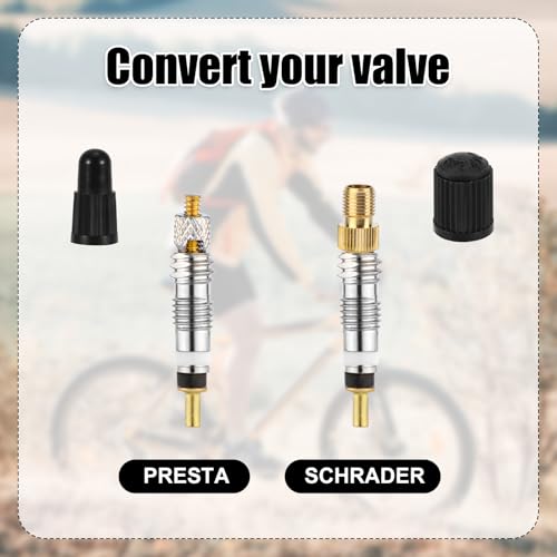 Valve Core Repair Kit for Presta, 4 Valve Cores 4 Valve Core Caps 4 Nuts 2 Plastic Caps 2 Converters and 2 Plastic & Alloy Valve Stem Dismantle Removal Tool for Bike Tire Application