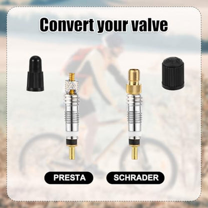 Valve Core Repair Kit for Presta, 4 Valve Cores 4 Valve Core Caps 4 Nuts 2 Plastic Caps 2 Converters and 2 Plastic & Alloy Valve Stem Dismantle Removal Tool for Bike Tire Application