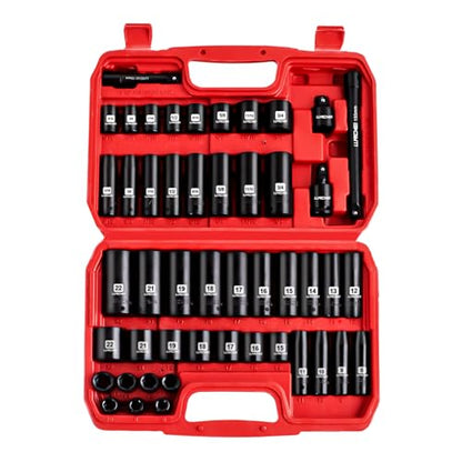 LLNDEI 3/8" Drive Impact Socket Set SAE and Metric (5/16"- 3/4", 8-22mm) 48pcs, CR-V Steel, 6 Point Sockets, Extension Bar (3-in, 6-in), 1/2"F to 3/8"M Reducer Universal Joint - size: 3/8" Socket Set