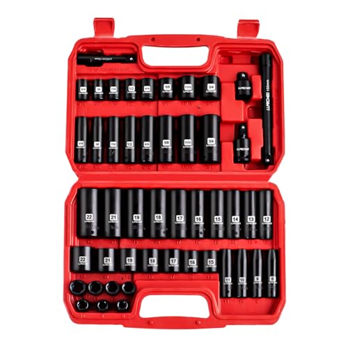 LLNDEI 3/8" Drive Impact Socket Set SAE and Metric (5/16"- 3/4", 8-22mm) 48pcs, CR-V Steel, 6 Point Sockets, Extension Bar (3-in, 6-in), 1/2"F to 3/8"M Reducer Universal Joint - size: 3/8" Socket Set