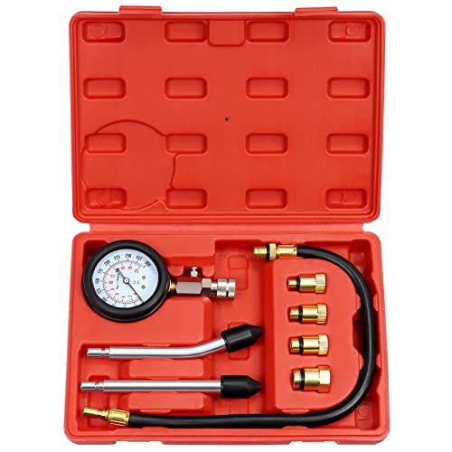 JoyFans 0-300 PSI Compression Tester Automotive Tool, Petrol Gas Engine Cylinder Pressure Test Kit with Gauge Adapter M10 M12 M14 M18 for Small Engine Cars Motorcycles Trucks SUVs Red - color: Red