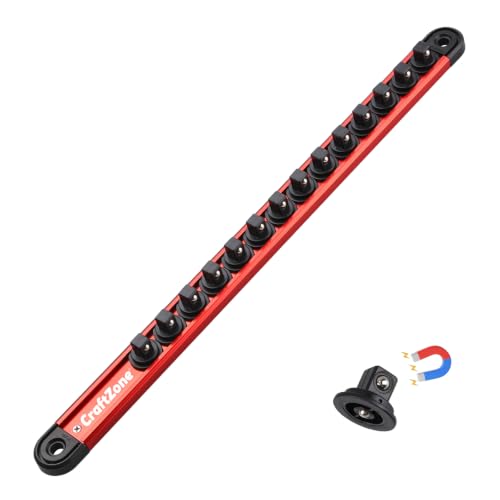 Magnetic Socket Organizer – 3/8-Inch Drive Aluminum Alloy Socket Rail | Heavy Duty Socket Holder & Ratchet Organizer | Socket Organizer for Tool Box Drawer with 14 Clips (Red) | Magnetic Socket Organizer - size: 1 PCS