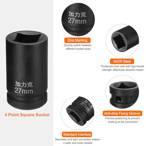 HARFINGTON 4 Point Square Socket 1" Drive by 27mm Metric Square Impact Socket 40CR Blackening Standard Wheel Sockets Pneumatic Socket Tool for Auto Repair Mechanical Maintenance Home Use - size: 27mm