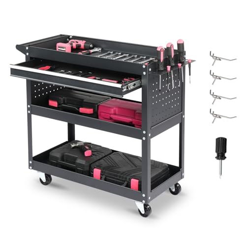 3 Tier Rolling Tool Cart, 3-Tier Tool Cart on Wheels, Mechanic Tool Cart on Wheels, Heavy Duty Utility Cart with Drawers and Pegboard, 330 LBS Capacity Tool Storage Cart for Garage, Warehouse - color: A