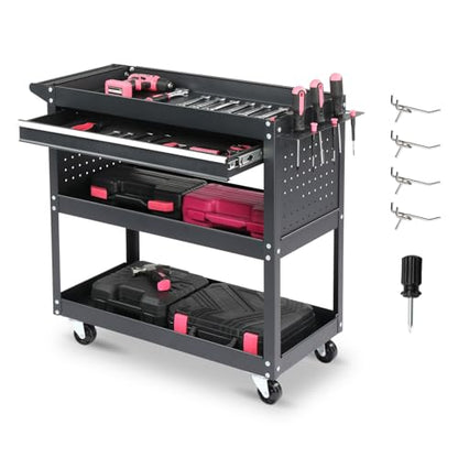Generic 3-Tier Rolling Tool Cart, Black Steel, 330 LBS Capacity, Wheels with Lock, Pegboard & Drawers, Ideal for Garage, Warehouse & Home Use - color: B