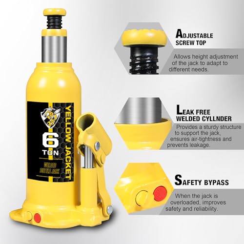 YELLOW JACKET Bottle Jack 6 Ton Muti-Directional Welded Car Jack with Carrying Case and Pump Handle, Fit Use for Automotive Sedans, Yellow