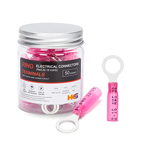 HKS 50 PCS Ring Terminals 5/16" Red 22-16 AWG - M8 - Electrical Connectors - Heat Shrink Wire Connector Kit - Tinned Red Copper - Automotive Marine Ring Connectors - Waterproof and Insulated - size: 5/16" (M8)