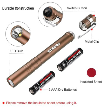 WORKPRO LED Pen Light, Aluminum Pen Flashlights, Pocket Flashlight with Clip for Inspection, Emergency, Everyday, 2AAA Batteries Include, Brown(4-Pack) - color: Brown