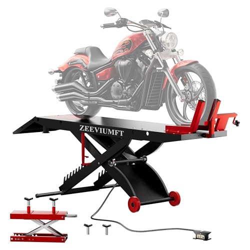 1500 LB Motorcycle Lift Table, Heavy-Duty Air/Hydraulic 24" Wide Platform, Stand-Up Ergonomic Installation, Bonus Motorcycle Jack, Fits Harley, Indian & Custom Bikes - size: 24in