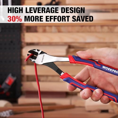 WORKPRO 8 Inch High Leverage Diagonal Pliers, CRV Steel & Anti-Slip Handle | Heavy Duty Wire Cutters / Diagonal Cutters for Cutting Copper, Brass, Iron, Aluminum & Steel Wires