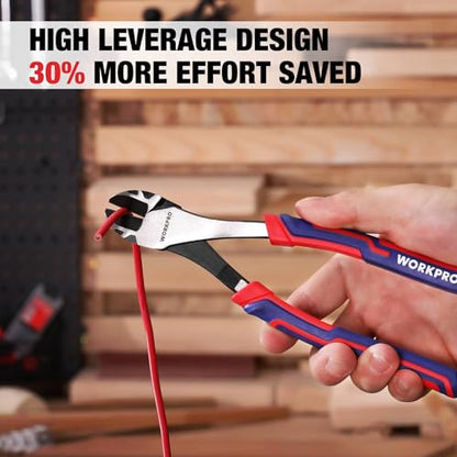 WORKPRO 8 Inch High Leverage Diagonal Pliers, CRV Steel & Anti-Slip Handle | Heavy Duty Wire Cutters / Diagonal Cutters for Cutting Copper, Brass, Iron, Aluminum & Steel Wires