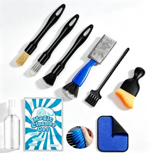 9 Pcs Car Detailing Brushes Kit, Car Interior Cleaning Tool with Cleaning Gel | car detailing brushes, cleaning gel & microfiber cleaning cloth,Safe for leather, vents, dash. Ideal for truck, auto, SUV, RV