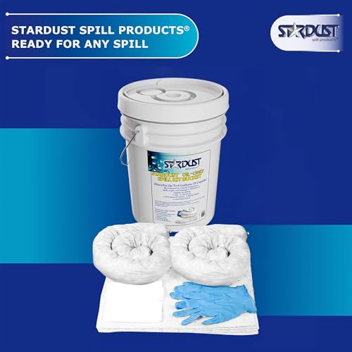 Stardust Spill Products D905P Oil Spill Kit with Portable Bucket | OSHA Approved, 15 Oil Absorbent Pads, 2 3x4' Absorbent Socks, 4 Disposal Bags & Nitrile Gloves, for Fast Response