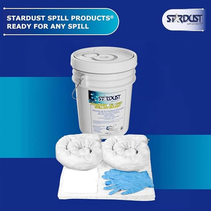 Stardust Spill Products D905P Oil Spill Kit with Portable Bucket | OSHA Approved, 15 Oil Absorbent Pads, 2 3x4' Absorbent Socks, 4 Disposal Bags & Nitrile Gloves, for Fast Response