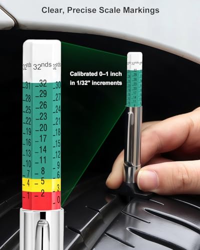 GODESON 2-Pack Tire Tread Depth Gauge 32nds, Color Coded 1/32 Inch Tread Checker with Pocket Clip, Storage Case & 4 Valve Caps for Car, SUV, Truck, Motorcycles Tire Wear
