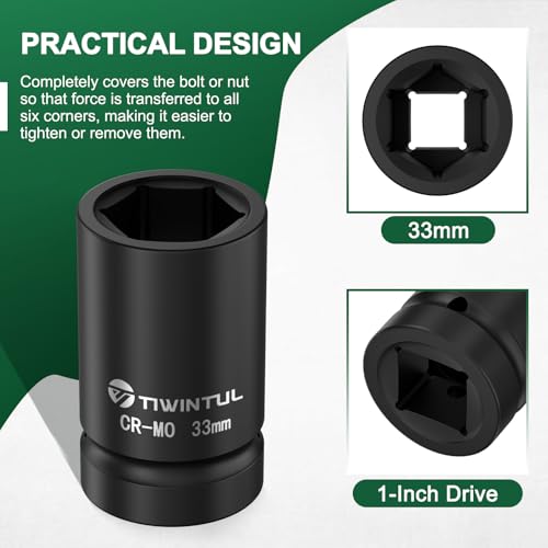 33mm Impact Socket 1" Drive, Deep 6 Point Design, CR-MO for Truck, | ANSI Certified, Heavy Duty 33mm Socket 1 Inch Drive for Bus, Trailer & Farm Machinery Maintenance - size: 33mm(1 PCS)