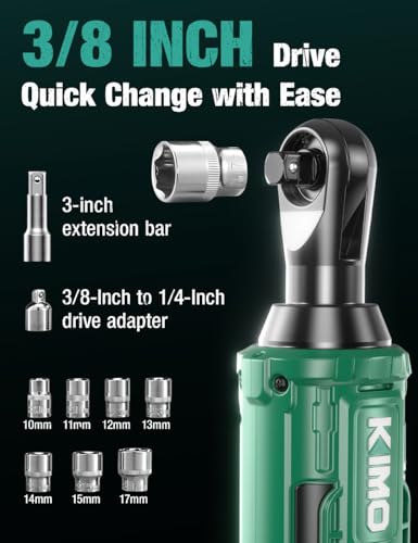 KIMO 20V Cordless Ratchet Wrench 3/8 Set, 74 Ft-lbs 400 RPM Electric Ratchet Wrench, Battery Powered Ratchet with 7 Sockets, 3" Extension Bar, 1/4" Adapter, 2-Pack Lithium-Ion Batteries, Fast Charger