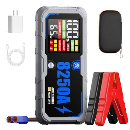 Portable 8250A Car Battery Jump Starter with PD-65W (for All Gas or 10.0+L Diesel), 12V Potable Car Jump Start with 4.01 inch HD Screen, 2 USB Power Bank 24-Months Stand-by Time - size: 8250A+65W