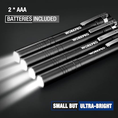 WORKPRO LED Pen Light, Aluminum Pen Flashlights, Pocket Flashlight with Clip for Inspection, Emergency, Everyday, Black(4-Pack) - color: Black