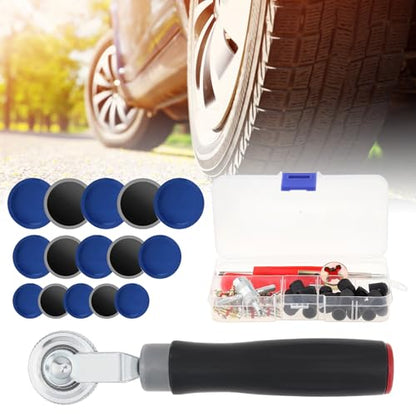 70pcs Tire Repair Kit with Natural Rubber Patches (32mm/42mm/58mm), Tire Patch Roller, Valve Core Removal Tools, 30 Valve Cores, 20 Valve Caps – Portable Tubeless Puncture Repair Tool Set