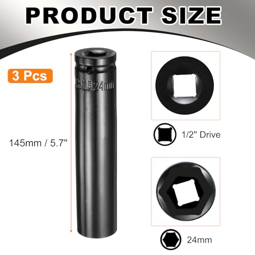 HARFINGTON 3pcs 6-Point Deep Impact Socket 1/2" Drive 24mm Metric Socket 5.7" (145mm) Extra Long Heat-Treated 45# Steel for Home Auto Spindle Axle Hex Nuts Bolts Repair, Black - size: 24mm + 5.7" Long