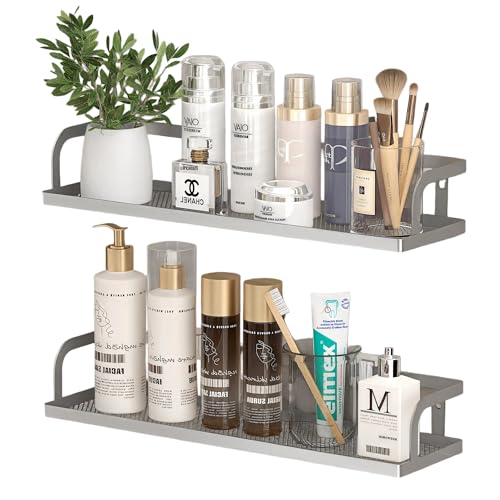 PUSDON 2-Pack 16.5" Extra Long Slim Hollowout Shower Caddy, Wall Mount Spice Rack & Bathroom Organizer, Mesh Bottom Cabinet Door Shelf Holds 50LBS - Silver Gray, Hollowout - color: Silver Grey, size: U-Shape Easy Access (16.5" Extra Long)