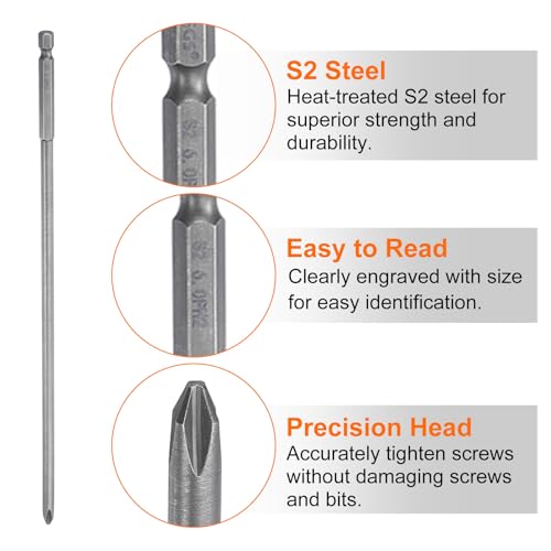 HARFINGTON 2pcs #2 Phillips Screwdriver Bit PH2 1/4" Hex Shank 10" (250mm) Long Magnetic S2 Steel Industrial Grade Screw Driver Bit Cross Head Electric Drill Bits 0.236" (6mm) Rod - size: PH2 x 250mm x 6mm