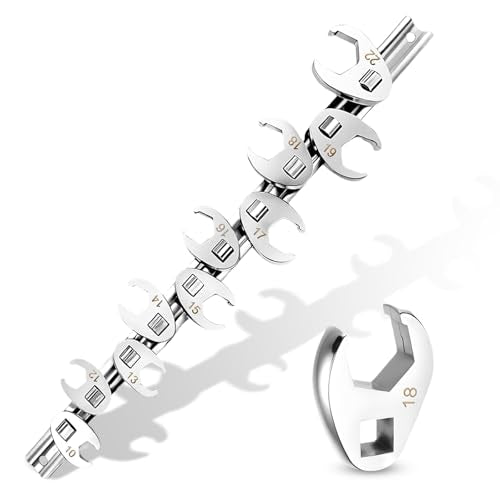 3/8" Drive Metric Crow foot Wrench Set 10-Piece 10-22mm, CR-V Steel Flare Nut Design, for Automotive & Plumbing Tight Spaces Access with Clip-On Organizer