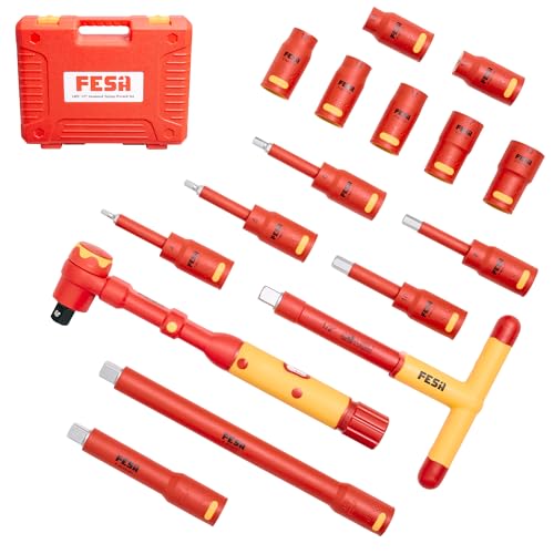 FESA 16-Piece Insulated Torque Wrench Set (1/2" Drive, 10-50 Nm Range) | with 7 Metric Sockets, 5 Hex Bit Sockets, 2 Extension Bars, T-Handle & Protective Case - style: 1/2" Drive, 10-50 Nm Wrench & Socket Set