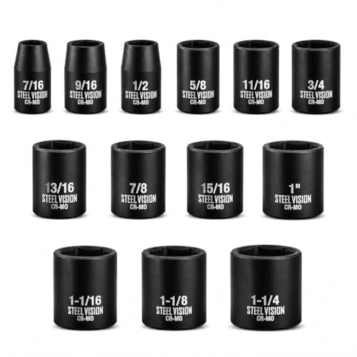 Steel Vision Tools 13-Piece 1/2-Inch Drive SAE Impact Socket Set | Chrome-Moly Steel | Deep Impact Sockets | Easy-to-Read Markings | Heavy-Duty Performance | Storage Case Included - style: 1/2"_SAE_Shallow