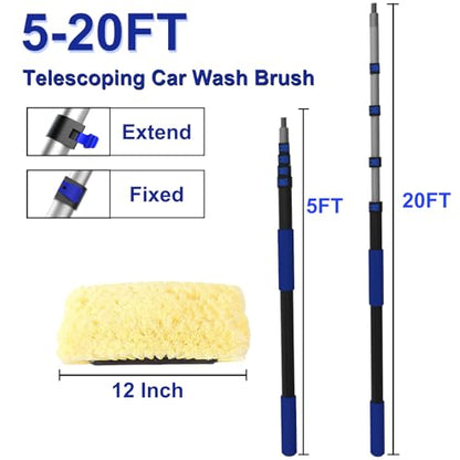 26Ft Reach Car Wash Brush with Long Handle, Car Cleaning Brush 12-Inch Soft Bristles, 5-20Foot Aluminium Telescoping Pole for Scratch-Free Cleaning RV, Car, Boats, Truck, Floors, Solar Panels - size: 20FT