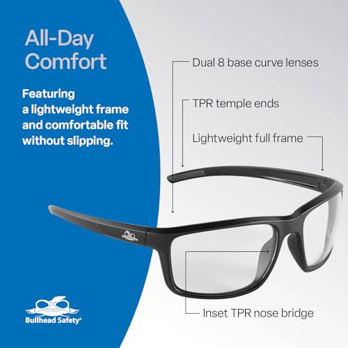 Bullhead Safety Eyewear Pompano Glasses – Anti-Fog, Lightweight, Scratch Resistant, UV Light Blocking Eyewear for Driving, Golf, Boating, Outdoor Work, Clear Lens - color: Clear Lens, Matte Black Frame, style: Anti-fog
