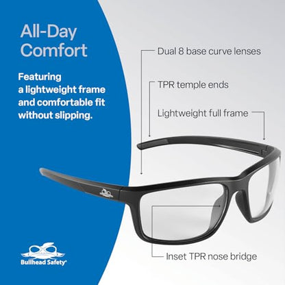 Bullhead Safety Eyewear Pompano Glasses – Anti-Fog, Lightweight, Scratch Resistant, UV Light Blocking Eyewear for Driving, Golf, Boating, Outdoor Work, Clear Lens - color: Clear Lens, Matte Black Frame, style: Anti-fog