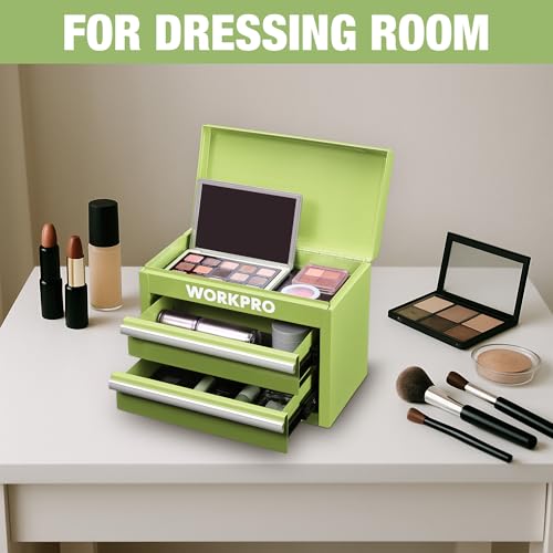 WORKPRO Metal Mini Tool Box with 2 Drawers and Top Storage | Cold Rolled Steel Toolbox, Ball Bearing Slides, PVC Drawer Liners, PP Feet Pads, Durable Storage - color: Macaron Green