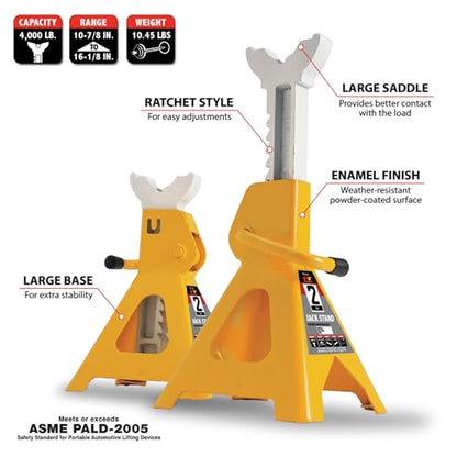 Performance Tool W41021 Ratchet Style Jack Stand Set for Lifting Vehicles During Maintenance, Yellow, 2-Ton - size: 2-Ton, style: 2 Ton (4,000 lbs.) Jack Stand