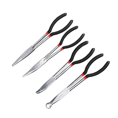 4Pcs Extra Long Needle Nose Pliers Set, 11" Long Reach Straight,45/90 Degree Bent Nose Pliers, and O-shape Hose Gripper Pliers for Car Repair/House Work