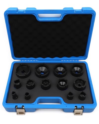 13pc Spindle Nuts Socket Kit Ball Joints Axle Locknut Remove Install Locking Hub Socket for KM Groove Nuts Compatible with GM Ford GMC and Dodge, 4 Teeth Exterior with 1/2'' Drive KM Socket - size: External Teeth